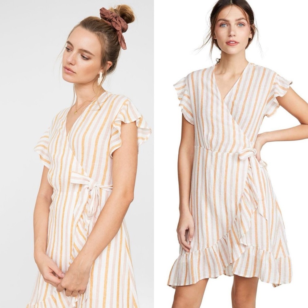 Rails Bridgette Dress Striped Wrap Ruffle Hem Flutter Sleeve White Orange Pink